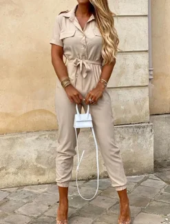 Women's Normal Jumpsuit Streetwear Solid Color Short Sleeve Shirt Collar Pocket Drawstring Street Daily Regular Fit Black White Wine Summer