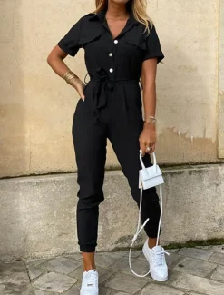 Women's Normal Jumpsuit Streetwear Solid Color Short Sleeve Shirt Collar Pocket Drawstring Street Daily Regular Fit Black White Wine Summer