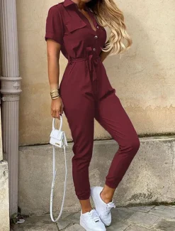 Women's Normal Jumpsuit Streetwear Solid Color Short Sleeve Shirt Collar Pocket Drawstring Street Daily Regular Fit Black White Wine Summer