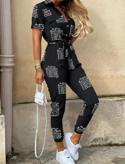 Women's Normal Jumpsuit Streetwear Solid Color Short Sleeve Shirt Collar Pocket Drawstring Street Daily Regular Fit Black White Wine Summer