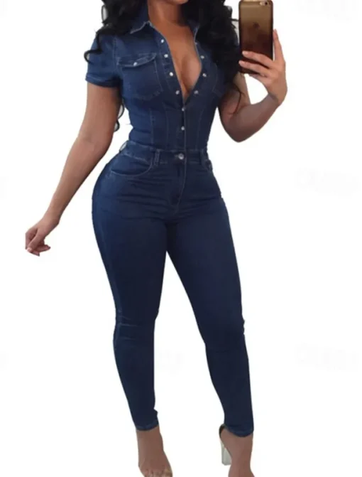 Women's Normal Jumpsuit Streetwear Solid Color Short Sleeve Shirt Collar Buttons Vacation Street Regular Fit Blue Summer