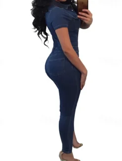 Women's Normal Jumpsuit Streetwear Solid Color Short Sleeve Shirt Collar Buttons Vacation Street Regular Fit Blue Summer
