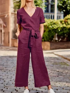 Women's Normal Jumpsuit Streetwear Solid Color Short Sleeve V Neck Lace up Pocket Street Daily Regular Fit Black Fuchsia Khaki Summer