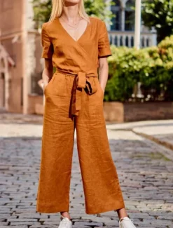 Women's Normal Jumpsuit Streetwear Solid Color Short Sleeve V Neck Lace up Pocket Street Daily Regular Fit Black Fuchsia Khaki Summer