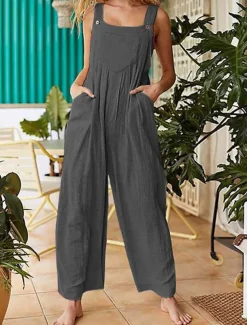 Women's Normal Jumpsuit Streetwear Solid Color Sleeveless Sleeveless Square Neck Buttons Pocket Street Daily Regular Fit Red Khaki Gray Summer
