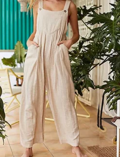 Women's Normal Jumpsuit Streetwear Solid Color Sleeveless Sleeveless Square Neck Buttons Pocket Street Daily Regular Fit Red Khaki Gray Summer