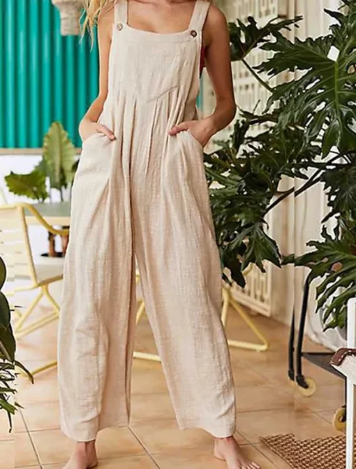 Women's Normal Jumpsuit Streetwear Solid Color Sleeveless Sleeveless Square Neck Buttons Pocket Street Daily Regular Fit Red Khaki Gray Summer