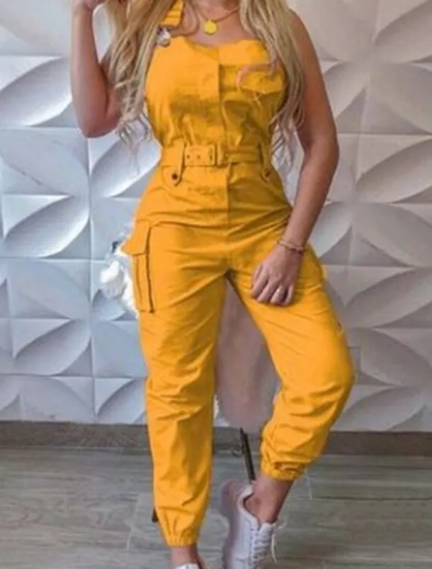 Women's Normal Jumpsuit Streetwear Solid Color Sleeveless V Neck Pocket High Waist Vacation Street Regular Fit Black Yellow Pink Fall