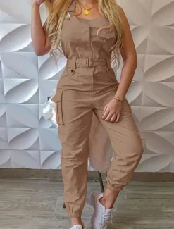 Women's Normal Jumpsuit Streetwear Solid Color Sleeveless V Neck Pocket High Waist Vacation Street Regular Fit Black Yellow Pink Fall