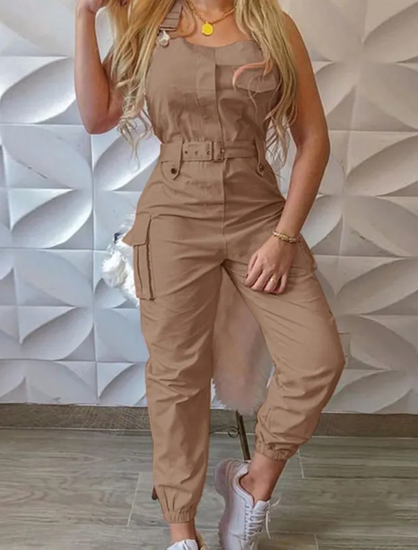 Women's Normal Jumpsuit Streetwear Solid Color Sleeveless V Neck Pocket High Waist Vacation Street Regular Fit Black Yellow Pink Fall