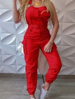 Women's Normal Jumpsuit Streetwear Solid Color Sleeveless V Neck Pocket High Waist Vacation Street Regular Fit Black Yellow Pink Fall