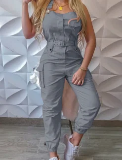 Women's Normal Jumpsuit Streetwear Solid Color Sleeveless V Neck Pocket High Waist Vacation Street Regular Fit Black Yellow Pink Fall