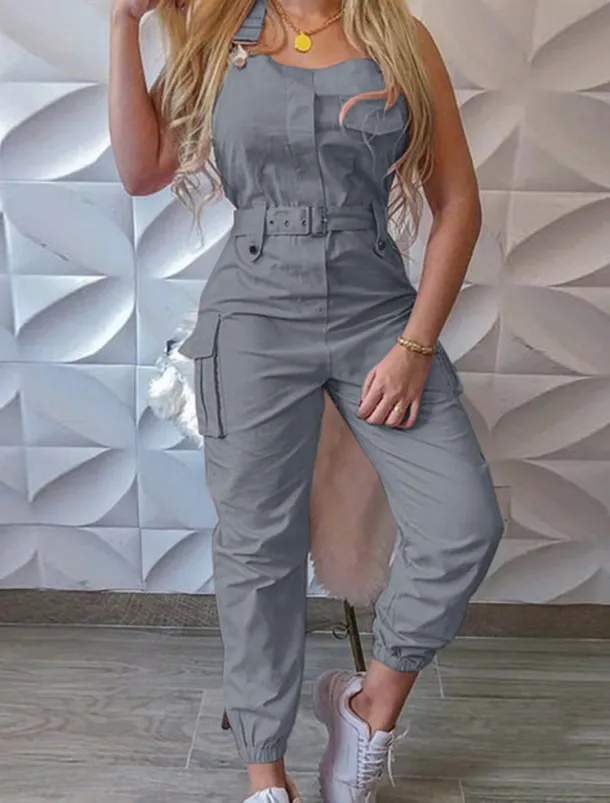 Women's Normal Jumpsuit Streetwear Solid Color Sleeveless V Neck Pocket High Waist Vacation Street Regular Fit Black Yellow Pink Fall