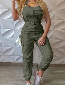 Women's Normal Jumpsuit Streetwear Solid Color Sleeveless V Neck Pocket High Waist Vacation Street Regular Fit Black Yellow Pink Fall