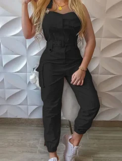 Women's Normal Jumpsuit Streetwear Solid Color Sleeveless V Neck Pocket High Waist Vacation Street Regular Fit Black Yellow Pink Fall