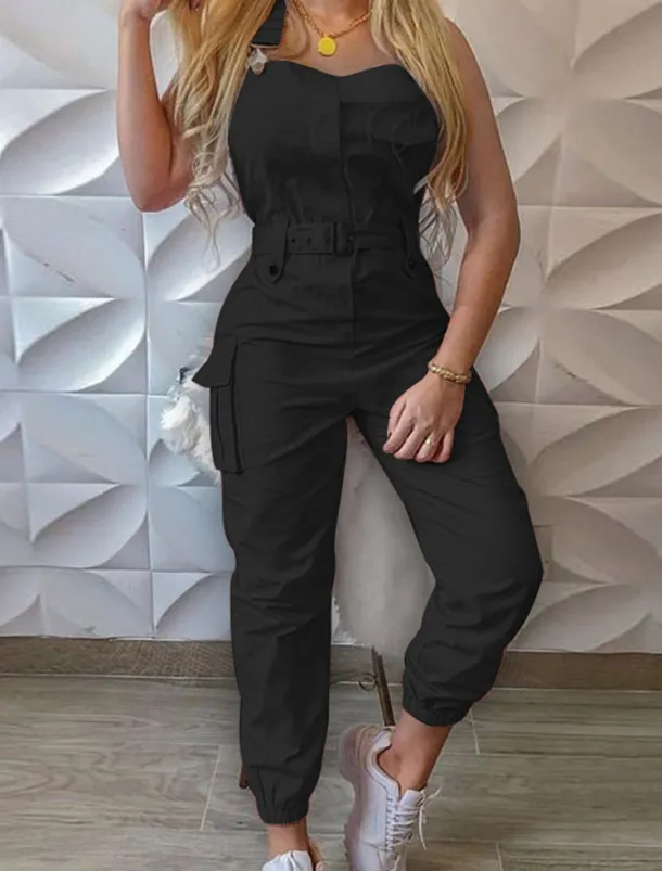 Women's Normal Jumpsuit Streetwear Solid Color Sleeveless V Neck Pocket High Waist Vacation Street Regular Fit Black Yellow Pink Fall