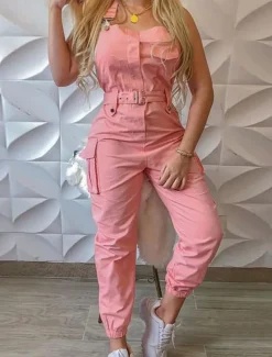 Women's Normal Jumpsuit Streetwear Solid Color Sleeveless V Neck Pocket High Waist Vacation Street Regular Fit Black Yellow Pink Fall