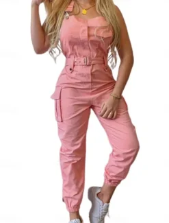 Women's Normal Jumpsuit Streetwear Solid Color Sleeveless V Neck Pocket High Waist Vacation Street Regular Fit Black Yellow Pink Fall