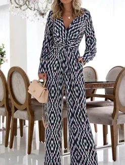 Women's Normal Jumpsuit Streetwear Plaid Long Sleeve Wide Leg Deep V Pocket Print Vacation Street Regular Fit Black Fall