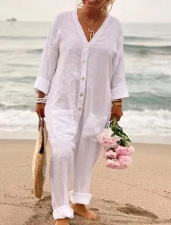 Women's Normal Jumpsuit Streetwear Solid Color Long Sleeve Straight V Neck Buttons Pocket Street Daily Regular Fit White Light Blue Summer