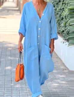 Women's Normal Jumpsuit Streetwear Solid Color Long Sleeve Straight V Neck Buttons Pocket Street Daily Regular Fit White Light Blue Summer