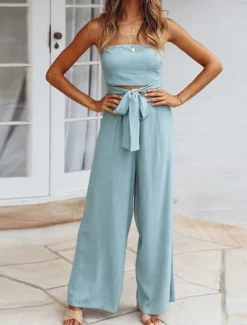 Women's Normal Jumpsuit Streetwear Solid Color Sleeveless Strapless Lace up Backless Street Daily Regular Fit White Green Apricot Summer