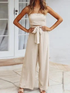 Women's Normal Jumpsuit Streetwear Solid Color Sleeveless Strapless Lace up Backless Street Daily Regular Fit White Green Apricot Summer