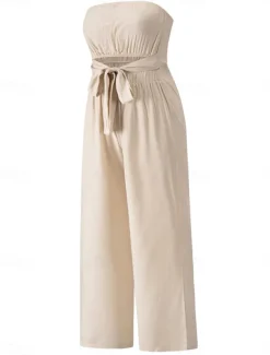 Women's Normal Jumpsuit Streetwear Solid Color Sleeveless Strapless Lace up Backless Street Daily Regular Fit White Green Apricot Summer