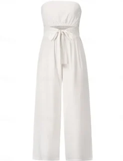 Women's Normal Jumpsuit Streetwear Solid Color Sleeveless Strapless Lace up Backless Street Daily Regular Fit White Green Apricot Summer