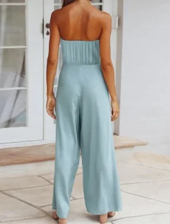 Women's Normal Jumpsuit Streetwear Solid Color Sleeveless Strapless Lace up Backless Street Daily Regular Fit White Green Apricot Summer