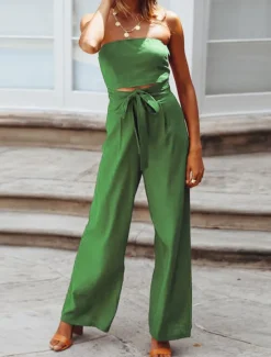 Women's Normal Jumpsuit Streetwear Solid Color Sleeveless Strapless Lace up Backless Street Daily Regular Fit White Green Apricot Summer