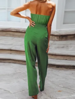 Women's Normal Jumpsuit Streetwear Solid Color Sleeveless Strapless Lace up Backless Street Daily Regular Fit White Green Apricot Summer