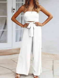 Women's Normal Jumpsuit Streetwear Solid Color Sleeveless Strapless Lace up Backless Street Daily Regular Fit White Green Apricot Summer