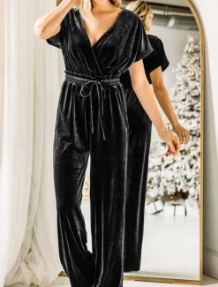 Women's Normal Jumpsuit Stylish Solid Color Short Sleeve V Neck Drawstring Party Work Loose Fit Black Green Spring