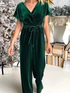 Women's Normal Jumpsuit Stylish Solid Color Short Sleeve V Neck Drawstring Party Work Loose Fit Black Green Spring