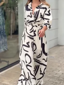 Women's Normal Jumpsuit Stylish Geometric Long Sleeve Shirt Collar Belted Vacation Party Loose Fit White Spring