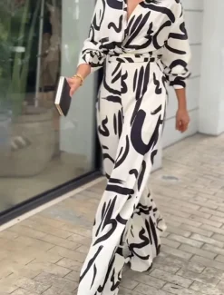 Women's Normal Jumpsuit Stylish Geometric Long Sleeve Shirt Collar Belted Vacation Party Loose Fit White Spring