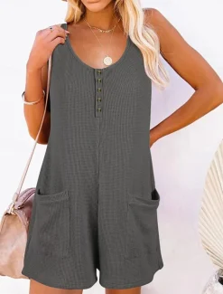 Women's Normal Jumpsuit Streetwear Solid Color Sleeveless V Neck Buttons Pocket Street Daily Regular Fit Black Pink Wine Summer