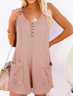Women's Normal Jumpsuit Streetwear Solid Color Sleeveless V Neck Buttons Pocket Street Daily Regular Fit Black Pink Wine Summer