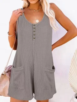 Women's Normal Jumpsuit Streetwear Solid Color Sleeveless V Neck Buttons Pocket Street Daily Regular Fit Black Pink Wine Summer