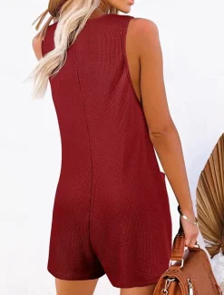 Women's Normal Jumpsuit Streetwear Solid Color Sleeveless V Neck Buttons Pocket Street Daily Regular Fit Black Pink Wine Summer
