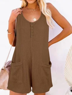 Women's Normal Jumpsuit Streetwear Solid Color Sleeveless V Neck Buttons Pocket Street Daily Regular Fit Black Pink Wine Summer