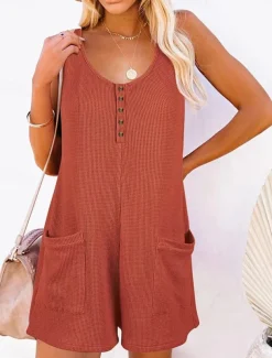 Women's Normal Jumpsuit Streetwear Solid Color Sleeveless V Neck Buttons Pocket Street Daily Regular Fit Black Pink Wine Summer