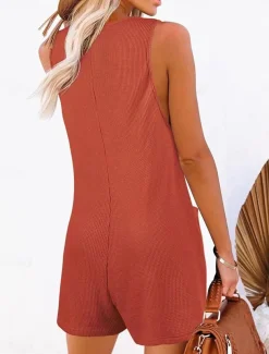 Women's Normal Jumpsuit Streetwear Solid Color Sleeveless V Neck Buttons Pocket Street Daily Regular Fit Black Pink Wine Summer