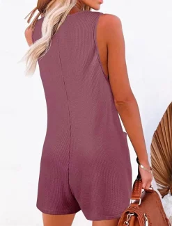 Women's Normal Jumpsuit Streetwear Solid Color Sleeveless V Neck Buttons Pocket Street Daily Regular Fit Black Pink Wine Summer