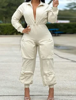 Women's Normal Jumpsuit Streetwear Solid Color Sleeveless Shirt Collar Zipper Pocket Street Daily Regular Fit Black White Fall