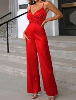 Women's Normal Jumpsuit Streetwear Solid Color Sleeveless V Neck Backless High Waist Party Street Regular Fit Black Red Blue Spring