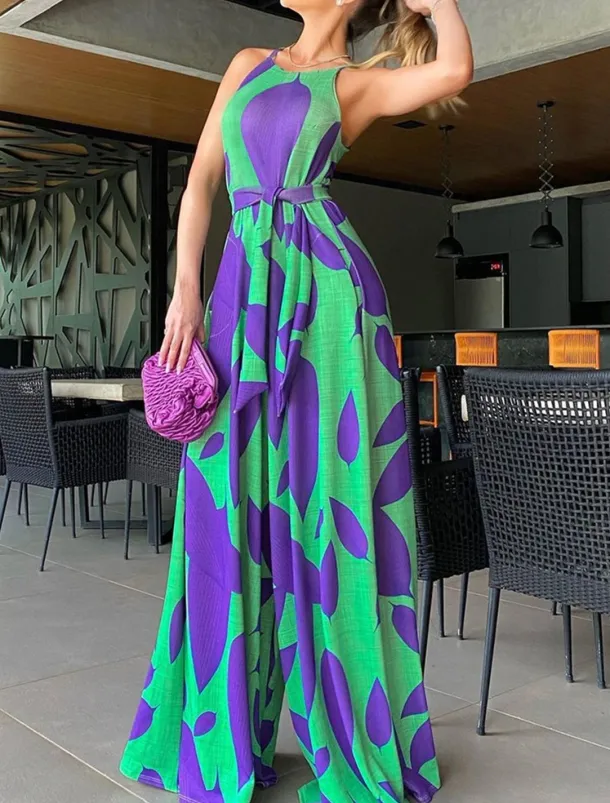 Women's Normal Jumpsuit Streetwear Floral Sleeveless Halter Neck High Waist Print Street Daily Regular Fit Red Green Summer