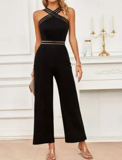 Women's Normal Jumpsuit Streetwear Solid Color Sleeveless Halter Neck Mesh Backless Street Business Regular Fit Black Summer