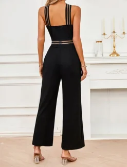 Women's Normal Jumpsuit Streetwear Solid Color Sleeveless Halter Neck Mesh Backless Street Business Regular Fit Black Summer